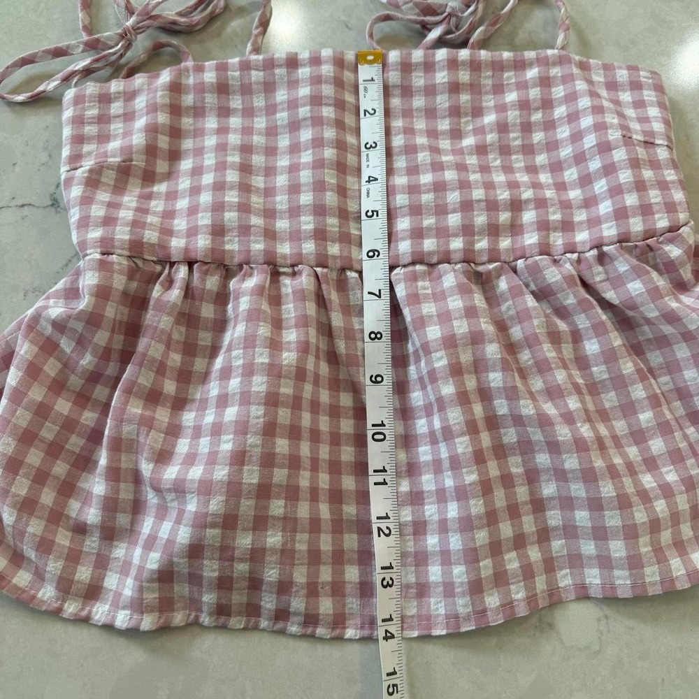 Pie in the Sky Pink Gingham Tie Strap Babydoll Peplum Top Size Large Cottagecore - Picture 6 of 6